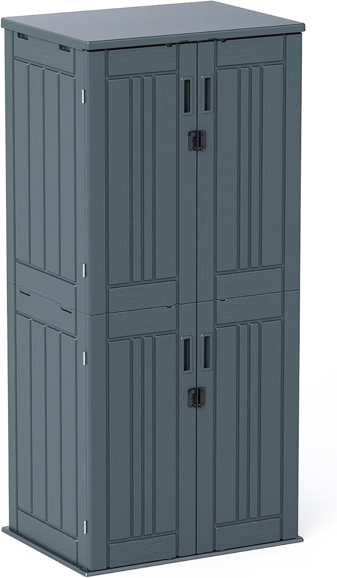 30 Cubic Ft. Vertical Resin Outdoor Storage Shed with Lockable Double Doors,Tall Storage Cabinet with 4 Shelves, Weather-Resistant Multi-Wall Panels,Storage Shed for Patio, Garden, Yard, Grey