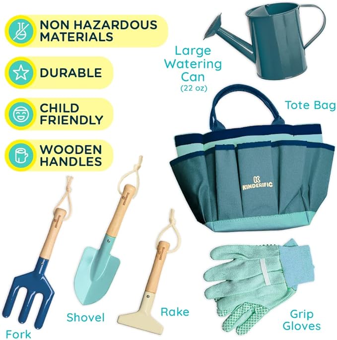 Gardening Set, Tool Kit, for Kids, STEM, Includes Tote Bag, Spade, Watering Can, Rake, Fork, Trowel and Gloves (Ocean Blue)