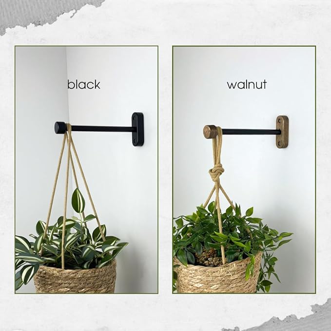 EvenWood 2-Piece Set of Wooden Plant Hooks for Wall with Sturdy Metal Tube - Plant Wall Hanger for Pots, Flower Brackets - Bracket Plant Hanger for Indoor and Outdoor Decorations (Walnut, 10 Inch)
