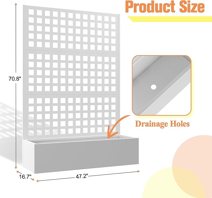 Metal Planter Box with Trellis & Wheels, Raised Garden Bed with Privacy Screen, Outdoor Standing Flower Beds with Drainage Hole for Climbing Plants, Vine, 47" Lx16 Wx71 H