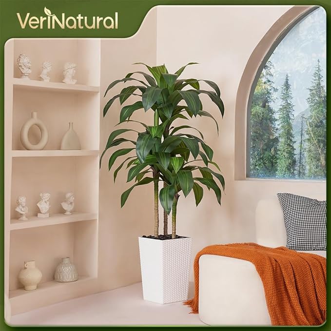 5FT Artificial Dracaena Tree - UV Resistant Faux Tropical Plant, Potted Fake Tree with Taper Planter & Pebbles - Indoor Outdoor Greenery for Home, Porch, Living Room, Bedroom Decor, VN127