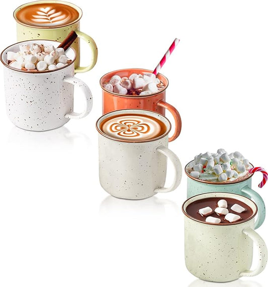 Speckled Campfire Style Mugs - Set of 6-14 oz - Cozy Colors - Coffee Cups - Camping Coffee Mugs - Ceramic - Enamel - Use for Tea/Hot Drinks