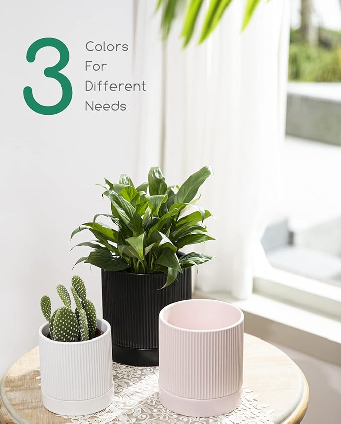 LaDoVita 3 Pack Ceramic Plant Pots 6/5/4 inch, Flowerpot for Indoor Plants with Drainage Holes and Tray, Outdoor Garden Planters, Modern Decorative for Home, Black Vertical Stripes