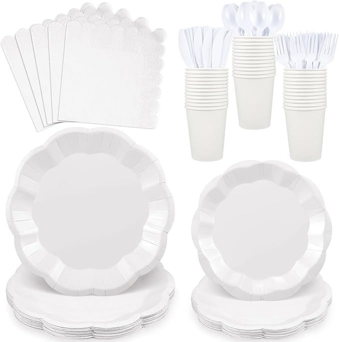 175 Pcs White Plates and Napkins Set, 25 Guest White Party Supplies Include Scalloped Plate Paper Napkin Cup Forks Knives Disposable Plastic Cutlery for Wedding Baby Shower Birthday Party