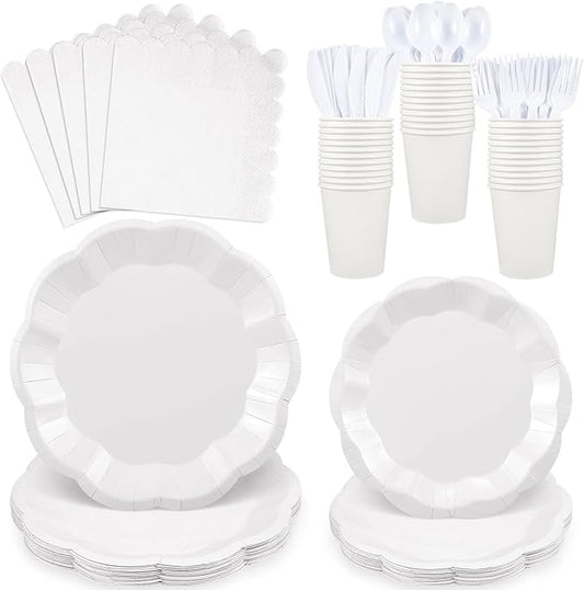 175 Pcs White Plates and Napkins Set, 25 Guest White Party Supplies Include Scalloped Plate Paper Napkin Cup Forks Knives Disposable Plastic Cutlery for Wedding Baby Shower Birthday Party