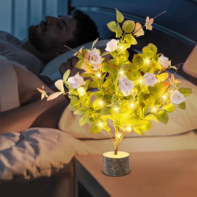 19 Inch Artificial Rose Tree Lights, Faux Silk Flower Tree with Butterfly Ivy, Prelit Tabletop Tree with Timer for Living Room Home Indoor Outdoor Decor (Pink Green)