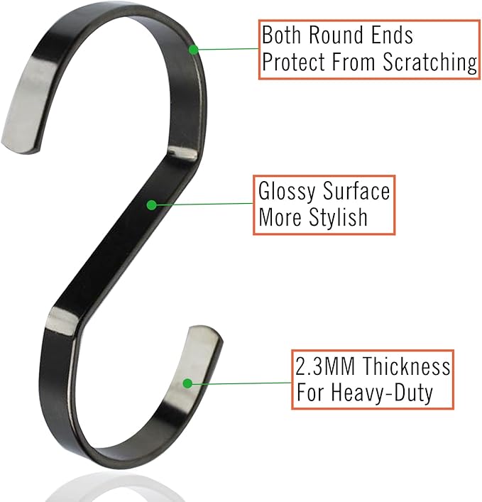 16-Pack 4 Inch Flat S Shape Hooks Heavy-Duty Chrome Finish Hanging S Hooks for Kitchenware, Pots, Utensils, Plants, Towels, Gardening Tools, Clothes (Gun Black)