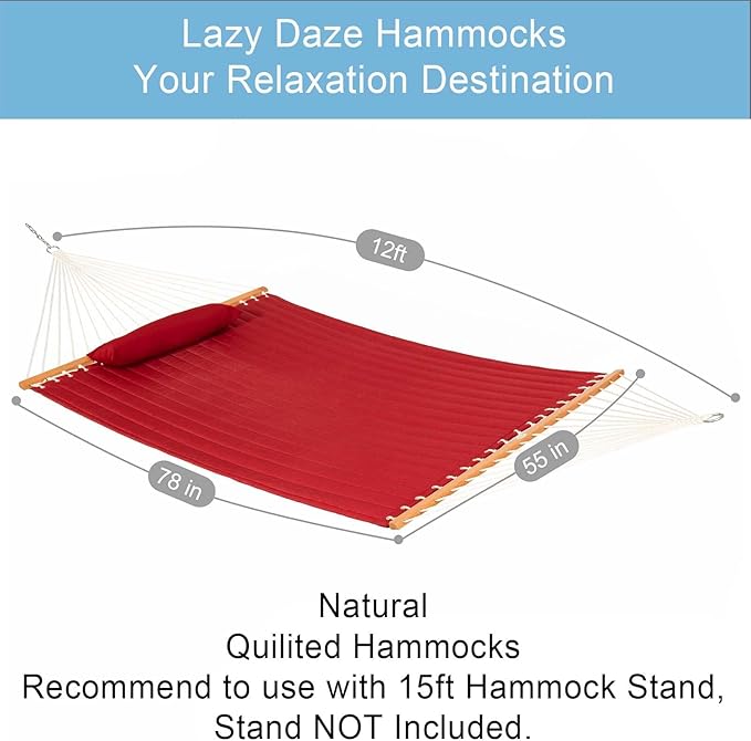 Lazy Daze Hammocks 12 FT Double Quilted Fabric Hammock with Spreader Bars and Detachable Pillow, 2 Person Hammock, 450lbs Weight Capacity, Burgundy