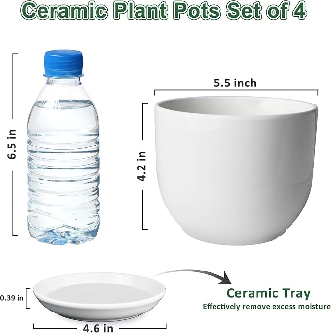 Ceramic Plant Pots,White 5.5 Inch Flower Pots for Plants,Ceramic Planter with Drainage Holes,Indoor Planter Pots with Saucer,Outdoor Garden Pots (White, 4 Pack)