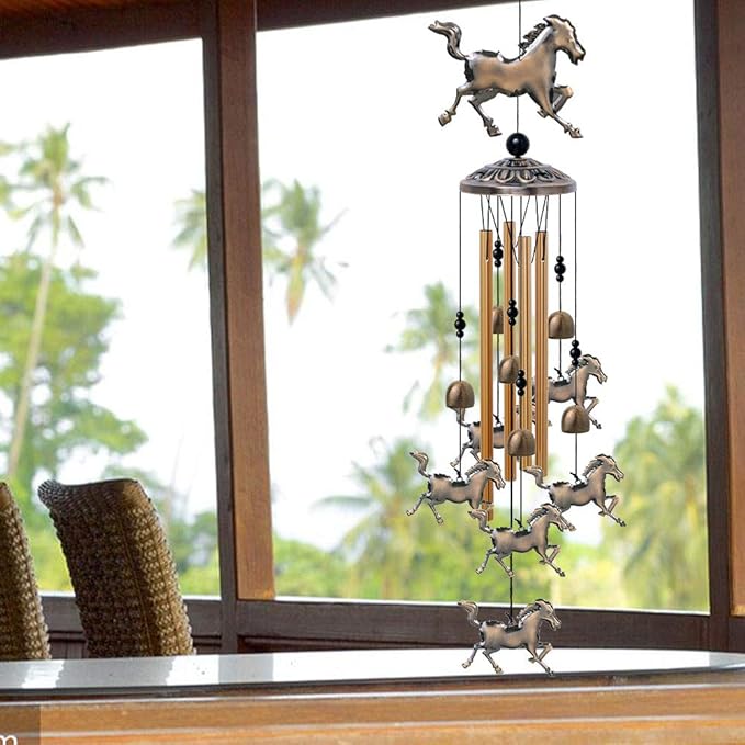 Horse Wind Chimes Decor - 35 Inch Pure Hand-Made Metal Musical Wind Bells with 4 Aluminum Tubes 6 Bells 7 Horses Mobile Wind Catcher Romantic Wind Chime for Home, Festival, Indoor/Outdoor Decoration