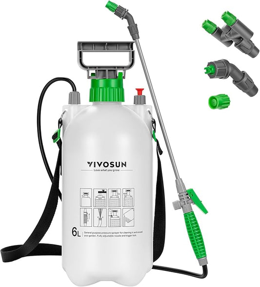 VIVOSUN 1.6 Gal/6L Pump Sprayer, Garden Water Sprayer for Plants, Weeds & Lawn Care, with 3 Nozzles, 50'' Long Hose & Pressure Relief Valve