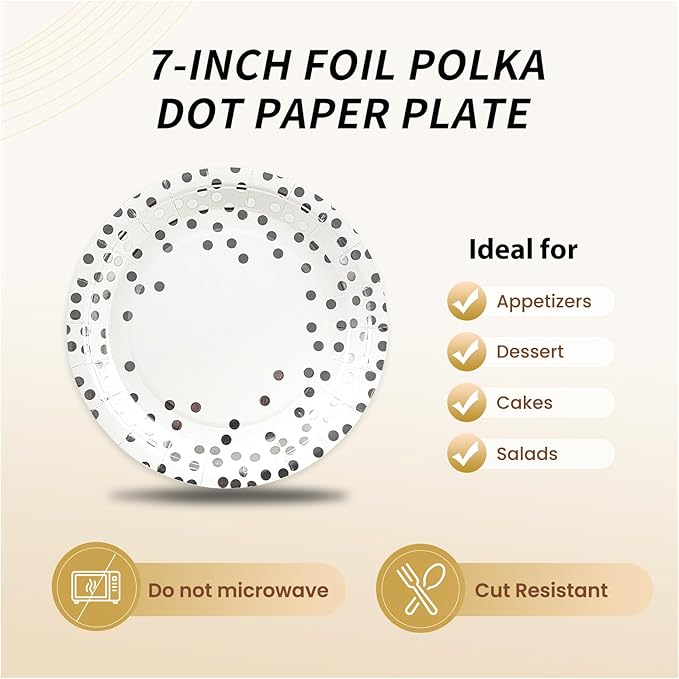 75PCS Paper Plates and Napkins Set - White and Sliver Dot Disposable Party Dinnerware Includes Paper Plates, Napkins, Forks Decorations for Graduations, Birthdays and Weddings, Serves 25