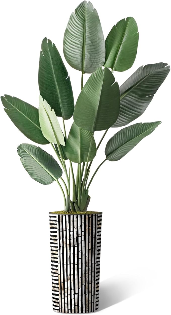 Artificial Tree in Black and Brown Striped Planter, Fake Bird of Paradise Silk Tree for Indoor and Outdoor Home Decoration - 67" Overall Tall (Plant Pot Plus Tree)