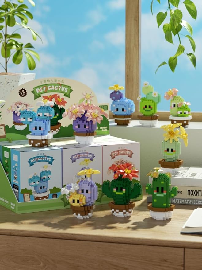 9 Set Mini Cute Cactus Succulent Plants Bonsai Building Toy Potted Plant Blocks Particle Flower Botanical