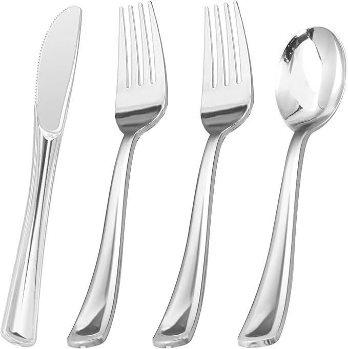 BESTVIP 60PCS Silver Plastic Silverware, Silver Disposable Utensils, Heavy Duty Cutlery Set of 30 Forks, 15 Spoons, 15 Knives for Christmas, Parties, Weddings, Catering and Daily Use