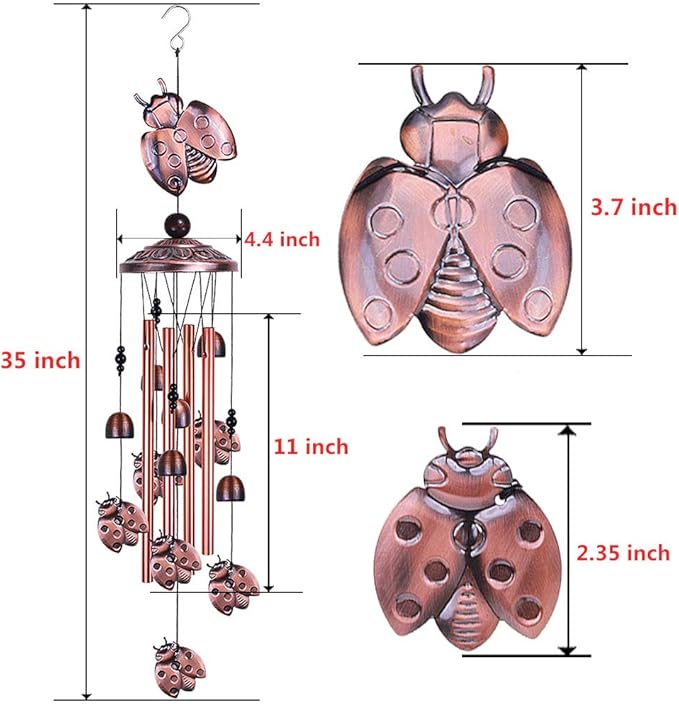 Ladybug Wind Chimes Outdoor Decor - with 4 Tubes 6 Bells 7 Ladybugs 36In Waterproof Mobile Romantic Wind Catcher Ladybug Windchimes for Home, Xmas Mom Gifts, Festival, Balcony, Garden Decoration