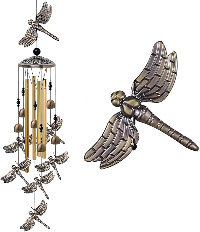 Garden Dragonfly Wind Chimes Outdoor Decor - With 4 Tubes 6 Bells 7 Dragonflies Mobile Romantic Wind Catcher, Dragonfly Windchimes for Home, Xmas Mom Gifts, Festival, Balcony, Garden Decoration