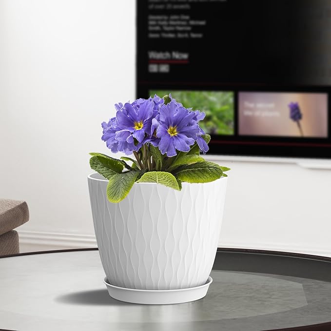 6 Inch Plant Pots, 6 Pack Flower Pots for Indoor and Outdoor Use, Planters with Drainage Holes and Saucers, White