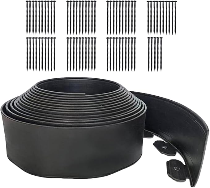 49FT Landscape Edging, 4 in Tall Garden Edging Borders with 75 Spikes,Flexible No Dig Lawn Edging Plastic Borders for Garden, Flower Beds, Pavement-Black