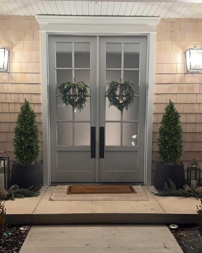 Aveyas 5ft Artificial Cedar Topiary Trees for Outdoor Front Porch Door, 5 Feet Faux Potted Plants Evergreen Fake Pine Cypress Tree for Outside Home Decor (5 ft Tall) - Set of 2 Pack