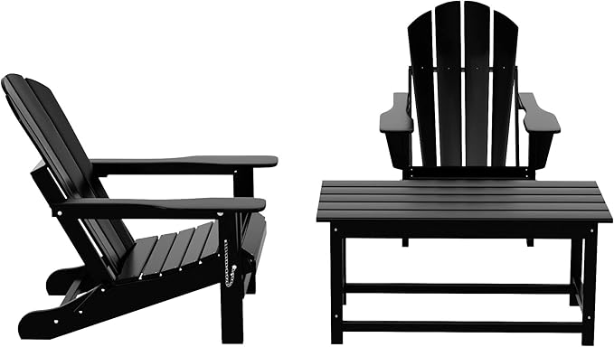 WO Home Furniture Adirondack Chairs Table Set of 3 PCS Outdoor Folding Chairs Coffee Table Weather/UV Resistant for Lawn, Garden, Bon Fire, Balcony (Black)