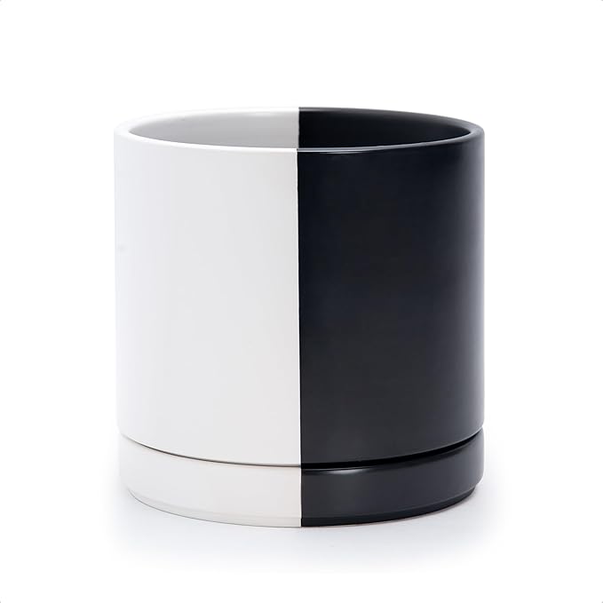 D'vine Dev 8.2 Inch Ceramic Planter Pot with Drainage Hole and Saucer, Indoor Cylinder Round Planter Pot, Split Monochrome Black & White, 94-O-D-0