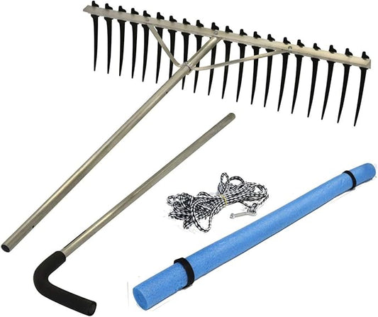Rake Zilla | Extra-Large Heavy-Duty Lake and Pond Aquatic Weed Rake – 40" Wide Head with 9" Tines | Includes Detachable Float Kit & 25 ft Rope for Scooping, Skimming, and Easy Cleanup in Lakes & Ponds
