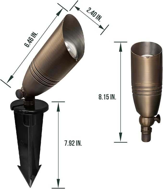 GKOLED UL Listed Solid Brass Landscape Spotlight, Low Voltage Outdoor Directional Uplight, with 5W MR16 LED Bulb & Large Rugged Slot Spike, 12V AC/DC Garden Patio Spot Up Light (10 Pack)