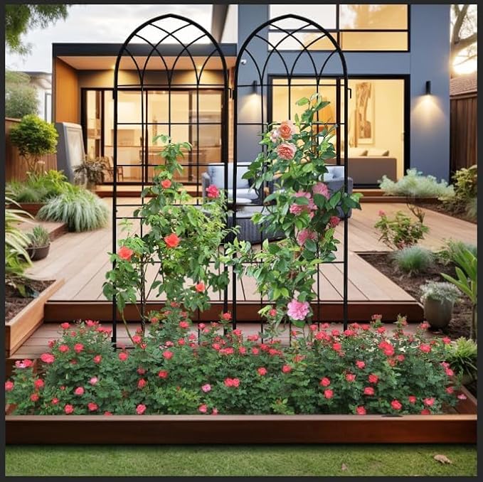 LZRS 4 Pack 71x20in Rustic Iron Arch Decoration Garden Trellis with Black Metal Coating – Perfect for Supporting Climbing Plants Outdoor, Roses, Vines, Flowers, and Vegetables.