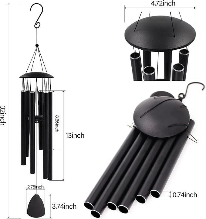 MFEESYOB Wind Chimes for Outside, Large Aluminum Wind Chimes – Deep Tones & Soothing Melodies Ideal for Garden, Patio Decor, and Windchimes Outdoors for Loss of Loved One (32'' Black)