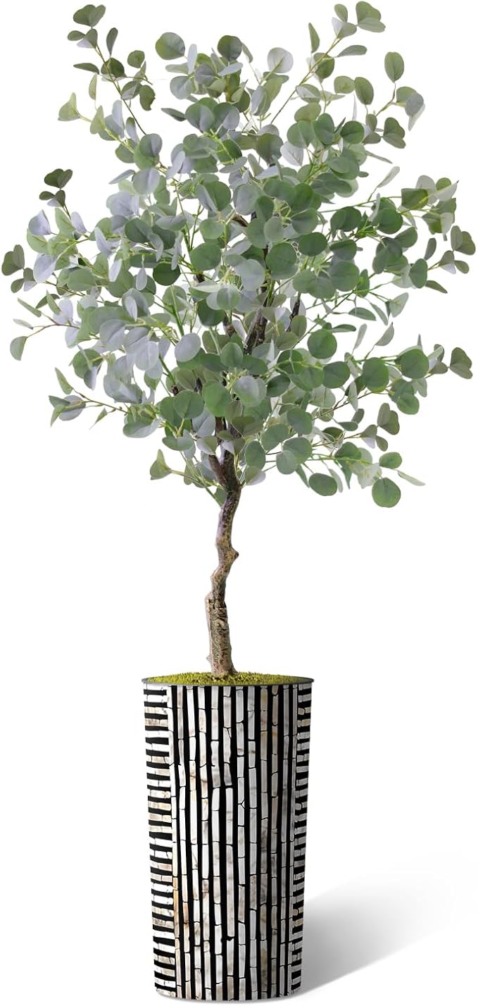 Artificial Tree in Black and Brown Striped Planter, Fake Eucalyptus Silk Tree for Indoor and Outdoor Home Decoration - 66" Overall Tall (Plant Pot Plus Tree)