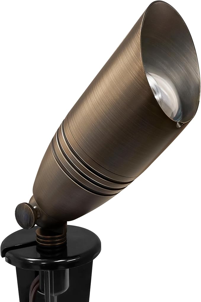 GKOLED UL Listed Solid Brass Landscape Spotlight, Low Voltage Outdoor Directional Uplight, with 5W MR16 LED Bulb & Large Rugged Slot Spike, 12V AC/DC Garden Patio Spot Up Light