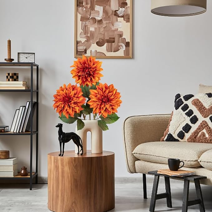 3Pcs Orange Artificial Dahlia Flowers Fall Fake Flower Silk Flowers with Long Stem 27.5" Floral Arrangements Bouquets Autumn Faux Dahlias Flowers for DIY Wedding Party Centerpieces Home Decor