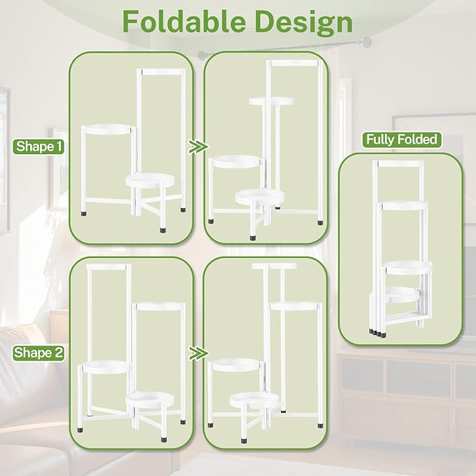 iDavosic.ly Plant Stand Indoor Outdoor, 4 Tier Corner Metal Flower Display Holder Shelf, Folding Tall Orchid Rack for Patio Balcony Porch Garden Living Room House, White