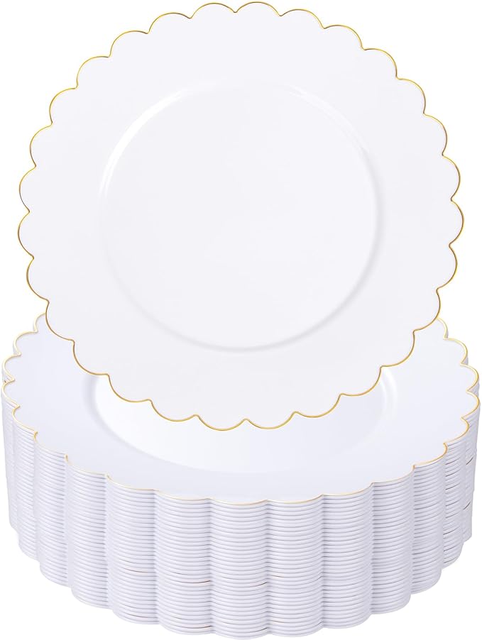 SUT 72 Pcs White Plates Disposable, White Plastic Plates With Gold Trim, 10.25 Inch Gold Dinner Plates, Fancy Plastic Plates, Plates Disposable Heavy Duty for Wedding, Parties, Banquets