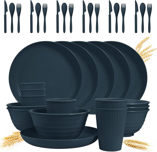 Wheat Straw Dinnerware Sets - SGAOFIEE 36 Piece Unbreakable Dinnerware Sets, Reusable Wheat Straw Plates and Bowls Sets, Travel Camping Cutlery Set, Dishwasher Microwave Safe Dinnerware-Blue