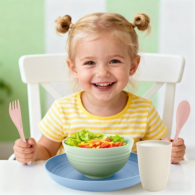 Wheat Straw Dinnerware Sets, Service for 4, Kitchen Plates and Bowls Sets with Dinner Plate/Cereal Bowl/Cup/Fork/Spoon, 20-Piece for Outdoor Camping, RV, Apartment Essentials - Colorful