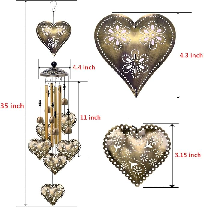 Garden Loving Heart Wind Chimes Outdoor Indoor Decor - with 4 Tubes 6 Bells 7 Hearts Mobile Romantic Wind Catcher, Heart Shaped Windchimes for Home, Mom Gifts, Balcony, Festival, Garden Decoration