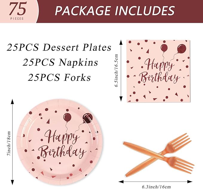 75PCS Happy Birthday Paper Plates - 7 Inch Rose Gold Dot Paper Plates and 6.5 Inch Napkins with 6.3 Inch Gold Forks Disposable Tableware Set for Birthday Party Decorations, Serves 25