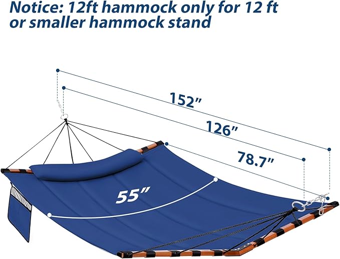 TegerDeger 12FT 2 Person Hammock Large Hammock 450LB Capacity with V Shaped Hardwood Spreader Bar & Nylon Rope for Outside, Patio, Garden, Backyard, Beach, Poolside - Blue