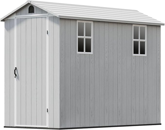 Patiowell 4x8 FT Outdoor Storage Shed with Floor & 2 Windows, Large Plastic Garden Shed with Lockable Door for Backyard, Patio, and Lawn, White (Fit-it Shed)