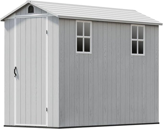 Patiowell 4x8 FT Outdoor Storage Shed with Floor & 2 Windows, Large Plastic Garden Shed with Lockable Door for Backyard, Patio, and Lawn, White (Fit-it Shed)
