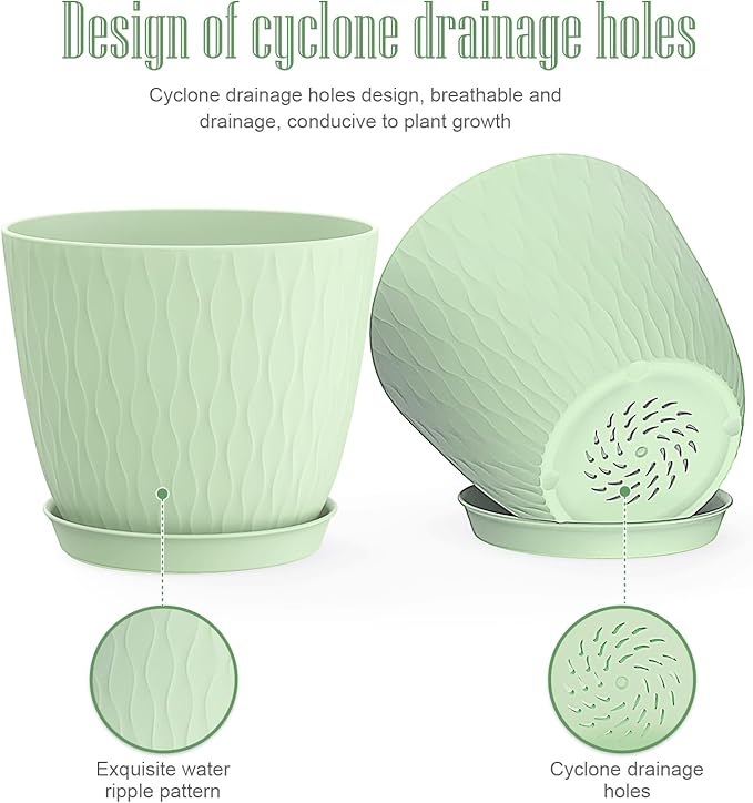 6 Inch Plant Pots, 6 Pack Flower Pots for Indoor and Outdoor Use, Planters with Drainage Holes and Saucers, Green