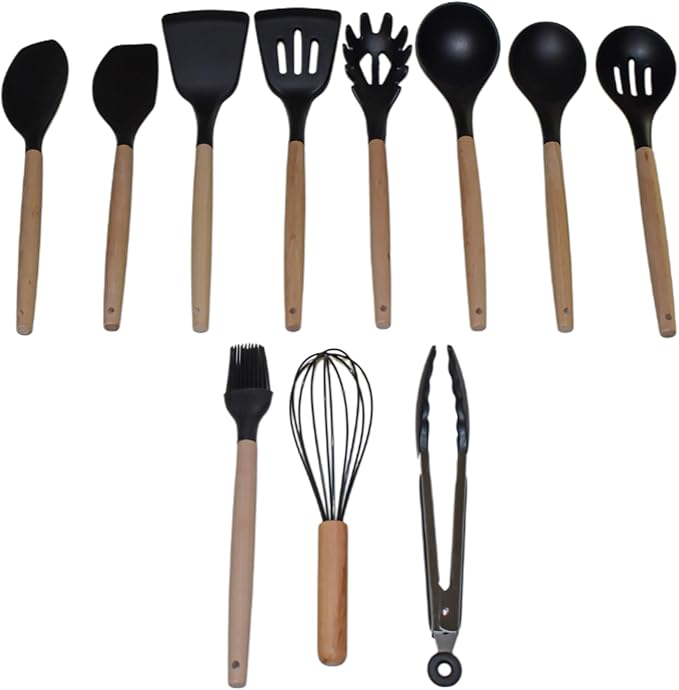 Kitchen Utensils Cookware Set, 12-piece BPA free Silicone with Wood Handle and Storage Container