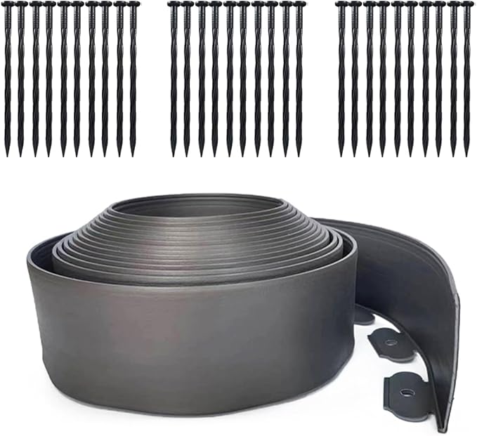 33FT Landscape Edging, 4 in Tall Garden Edging Borders with 30 Spikes,Flexible Lawn Edging Kit Plastic Mini Fence Borders for Grass Flower Beds, Pavement,Yard -Grey