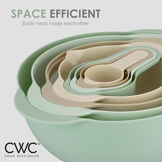 COOK WITH COLOR Nesting Bowls with Measuring Cups Colander and Sifter Set - Includes Mixing Bowls, Colander, Sifter and Measuring Cups, Mint, 8 Pc Bowl