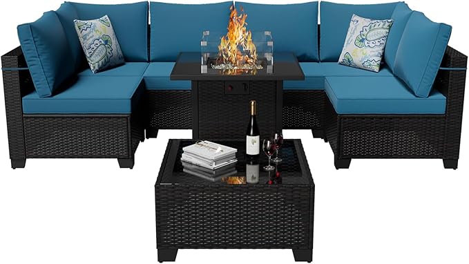 Patio Furniture Set with Fire Pit Table, 8-Piece Outdoor Furniture Set with Thick Cushions, Wicker Sectional Sofa for Porch Garden Backyard, Brown/Peacock Blue