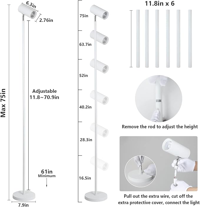HMVPL White Grow Lights for Indoor Plants Full Spectrum,Tall Plant Light for Indoor Growing with 20W COB Plant Light Bulb,4/8/12H Timer,Led Growth Floor Lamp for Large Plant Seedling(6 Level Height)