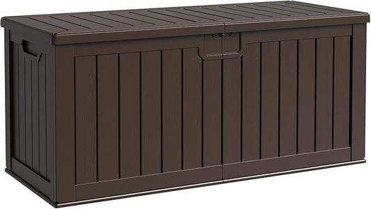 Flamaker Resin Deck Box 250 Gallon, Waterproof Imitation-Wood Lockable Storage Box with Separator Plate Outdoor Indoor, Garden, Patio Furniture for Tools&Pool Accessories (Deep Brown)