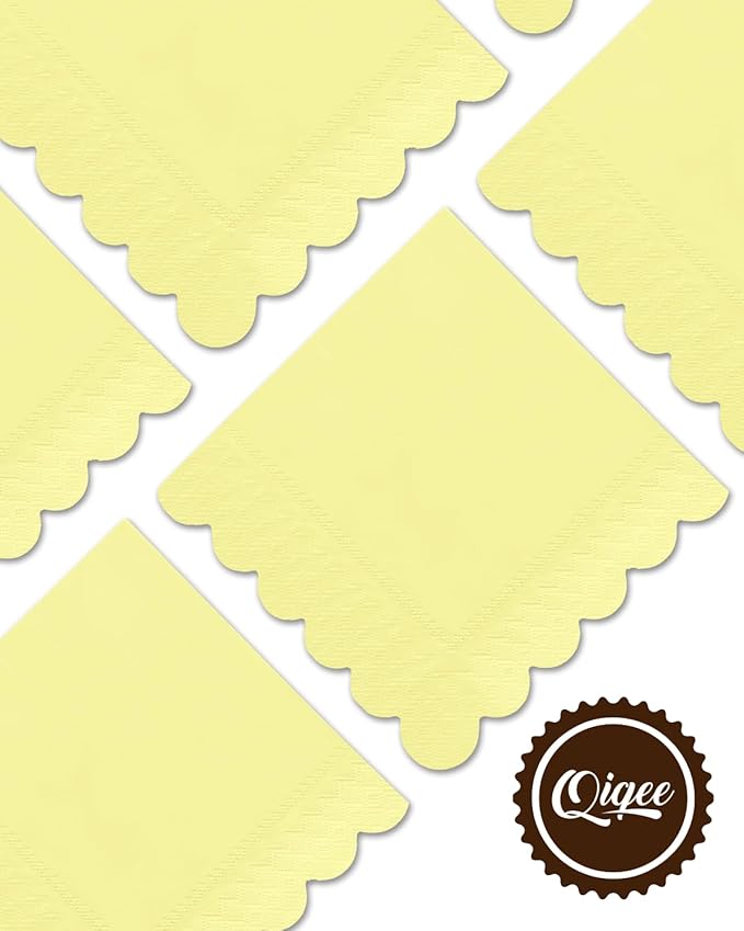 qiqee Elegant Yellow Cocktail Dinner Napkins 5x5inch Disposable Beverage,Wedding, Birthday Party Dessert Wave Paper Napkins(120 Count)